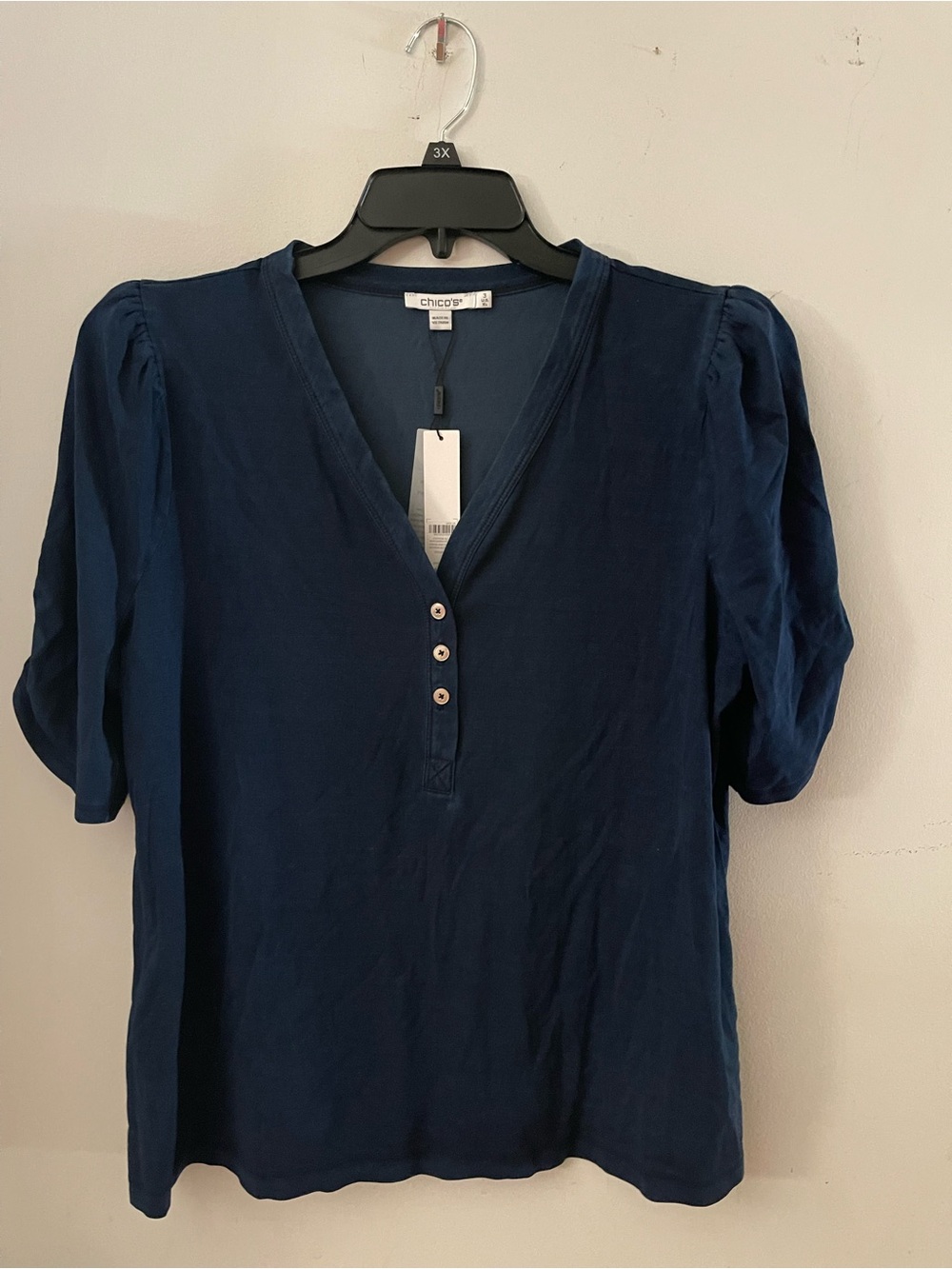 Chico's Navy V-Neck Button Front Puff Sleeve Top Size 3